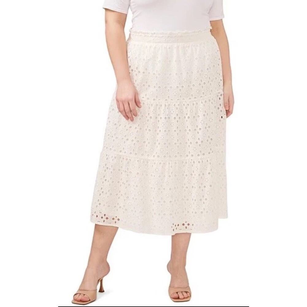 Cece Eyelet Midi A-Line Skirt Elastic Waist Lined Ivory White Women’s Plus 22W